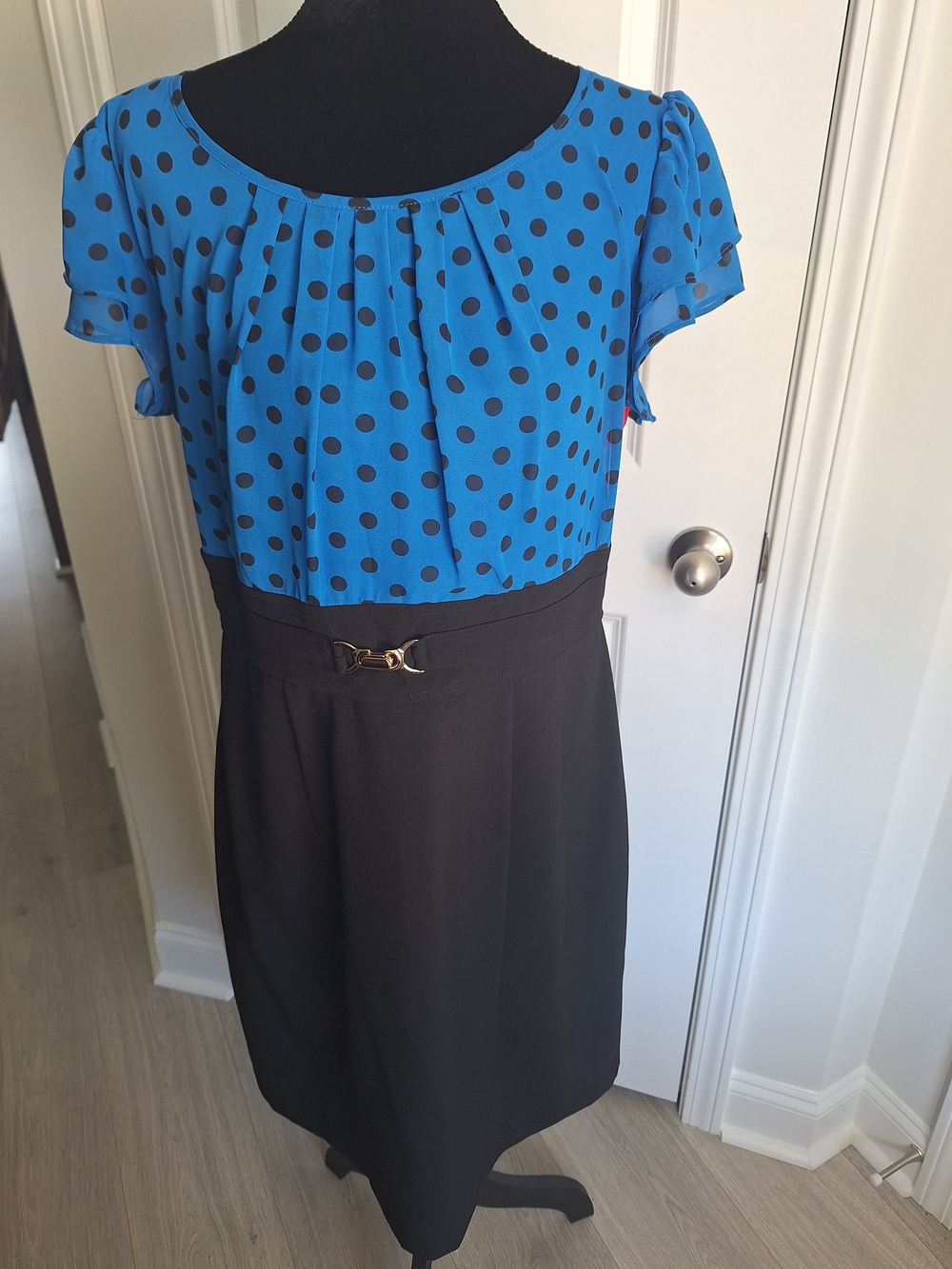 Alyx Blue Polka Dot Top with Black Pencil Skirt